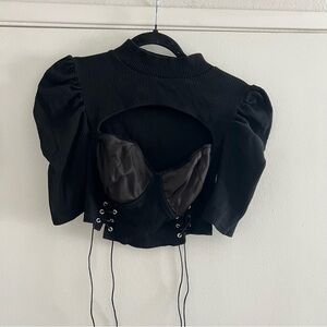 Dolls Kill Horoscopez Cutout Corset Crop Top Black Short Sleeve Lace Up Medium